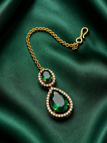 Antique Gold Plated Green AD Maang Tikka for Women