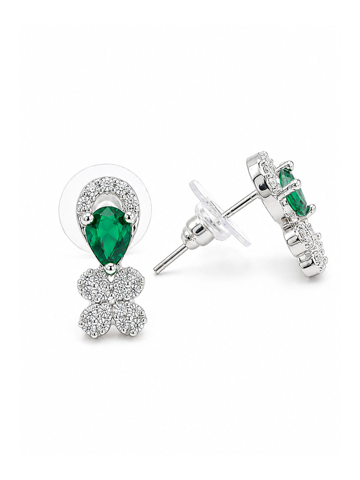 Rhodium Plated Green AD Stud Earrings for Women