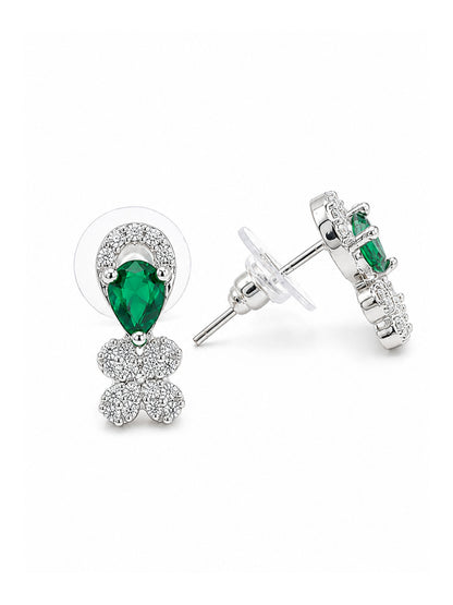 Rhodium Plated Green AD Stud Earrings for Women