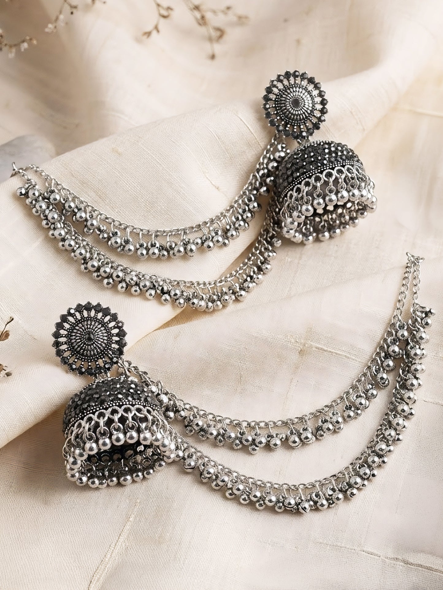 Silver Oxidised Jhumka Earring with Double Layred Chain for Women