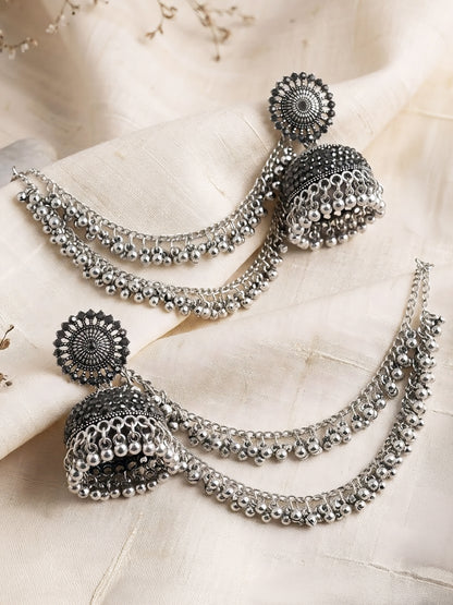 Silver Oxidised Jhumka Earring with Double Layred Chain for Women