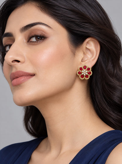 South Indian Gold Plated Red AD Floral Stud Earrings for Women