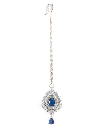 Silver Plated Blue AD Tear Drop Maang Tikka