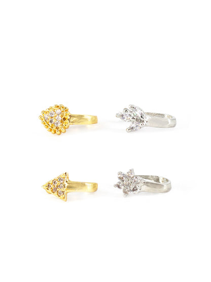 Set of 4 Silver & Gold Plated White American Diamond Press On Nose Pins