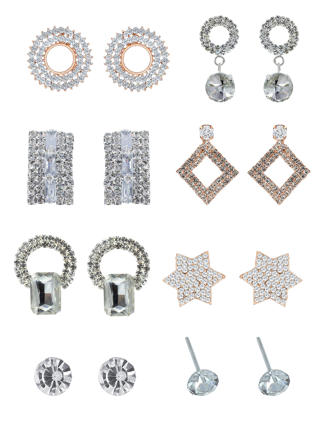 Pack of 8 CZ Geometric Stud Earrings