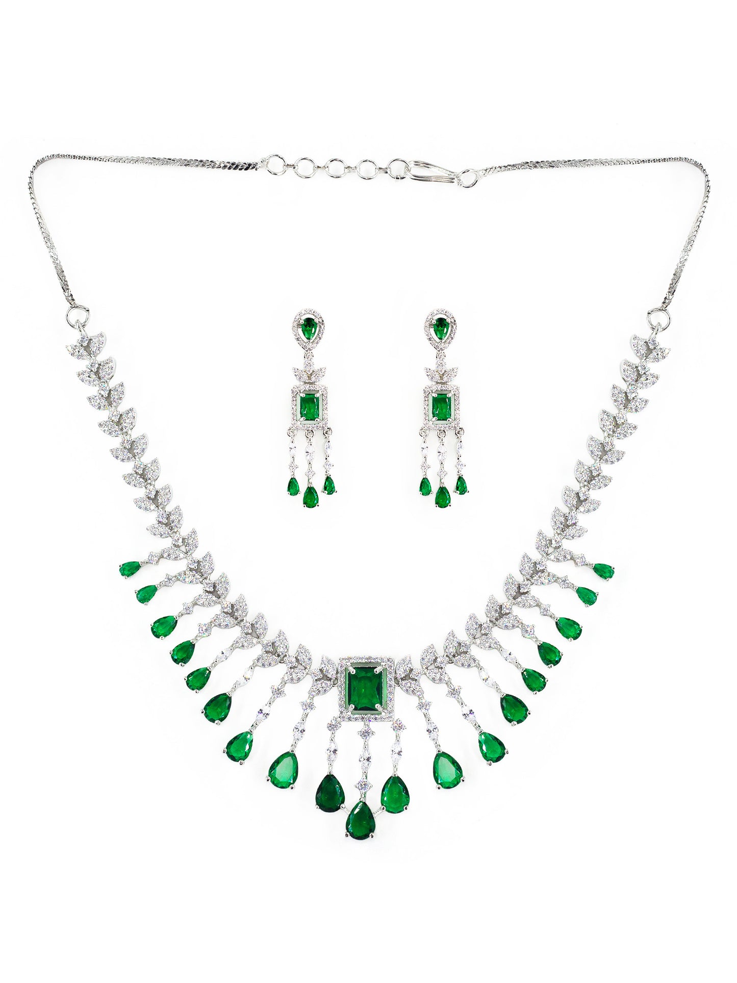 Silver Plated Green AD Studded Jewellery Set