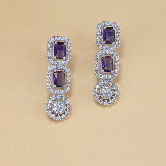 Rhodium Plated Floral Purple AD Trendy Drop Earrings