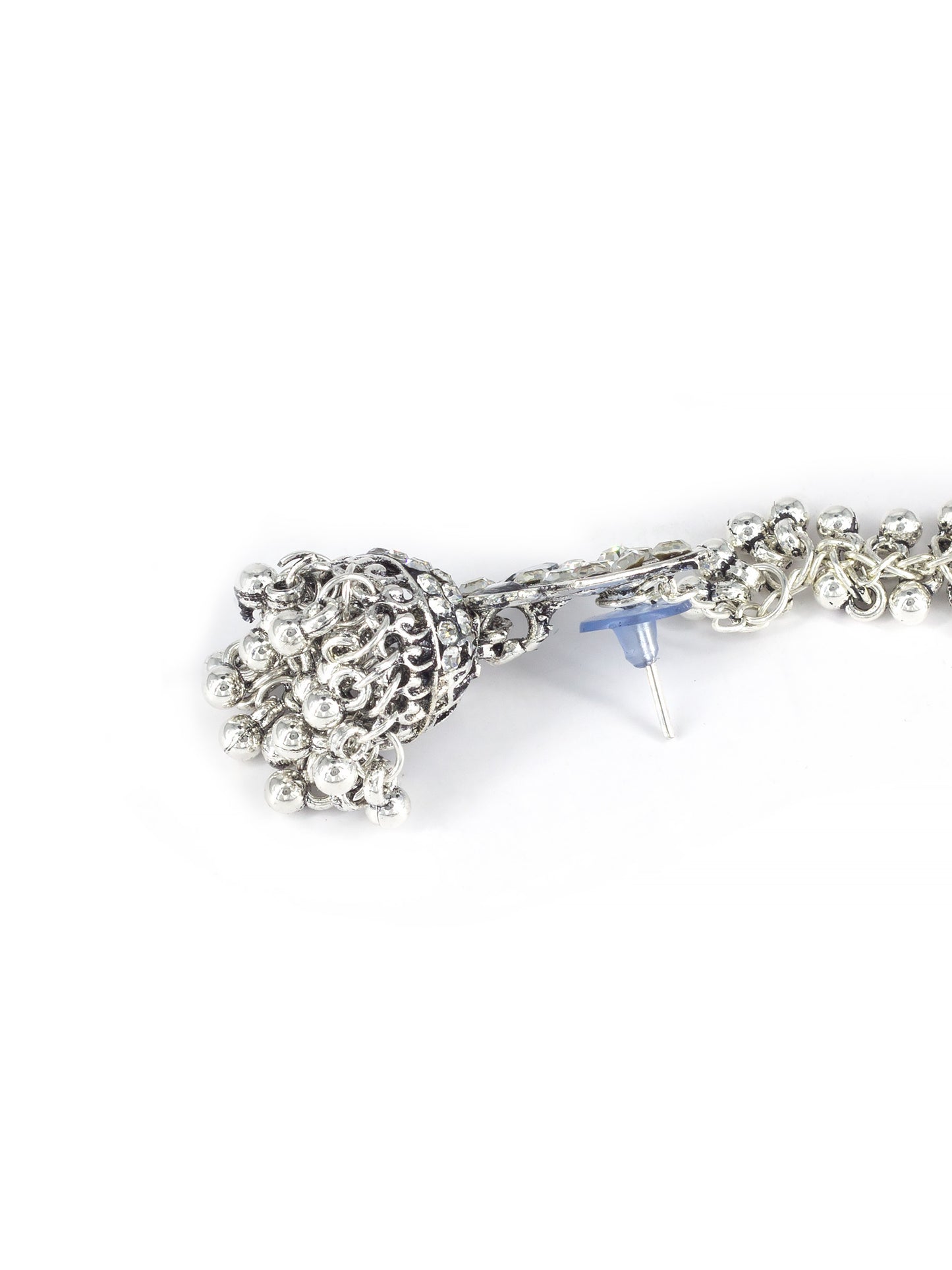 Silver Oxidised Artificial Stone Earrings with Ear Chain for Women