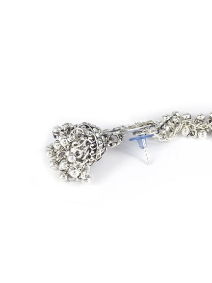 Silver Oxidised Artificial Stone Earrings with Ear Chain for Women