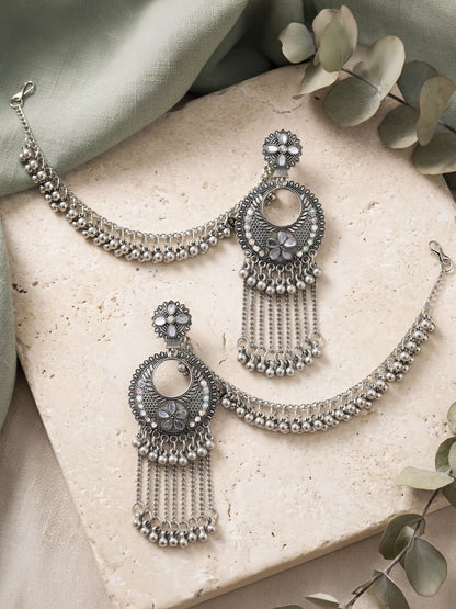 Silver Oxidised Jhumka Earring with Chain for Women