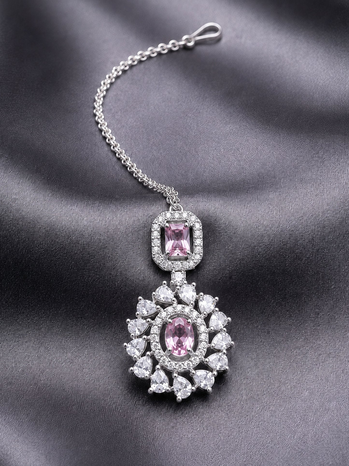 Silver Plated Pink AD Maang Tikka for Women