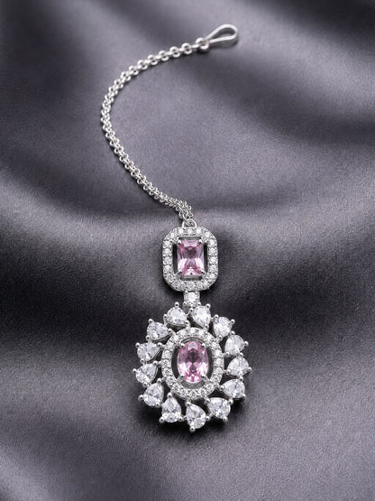Silver Plated Pink AD Maang Tikka for Women