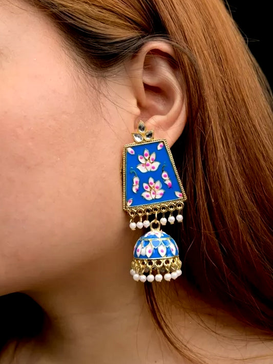 Gold Plated Blue Artificial Stones Studded Jhumka Earrings