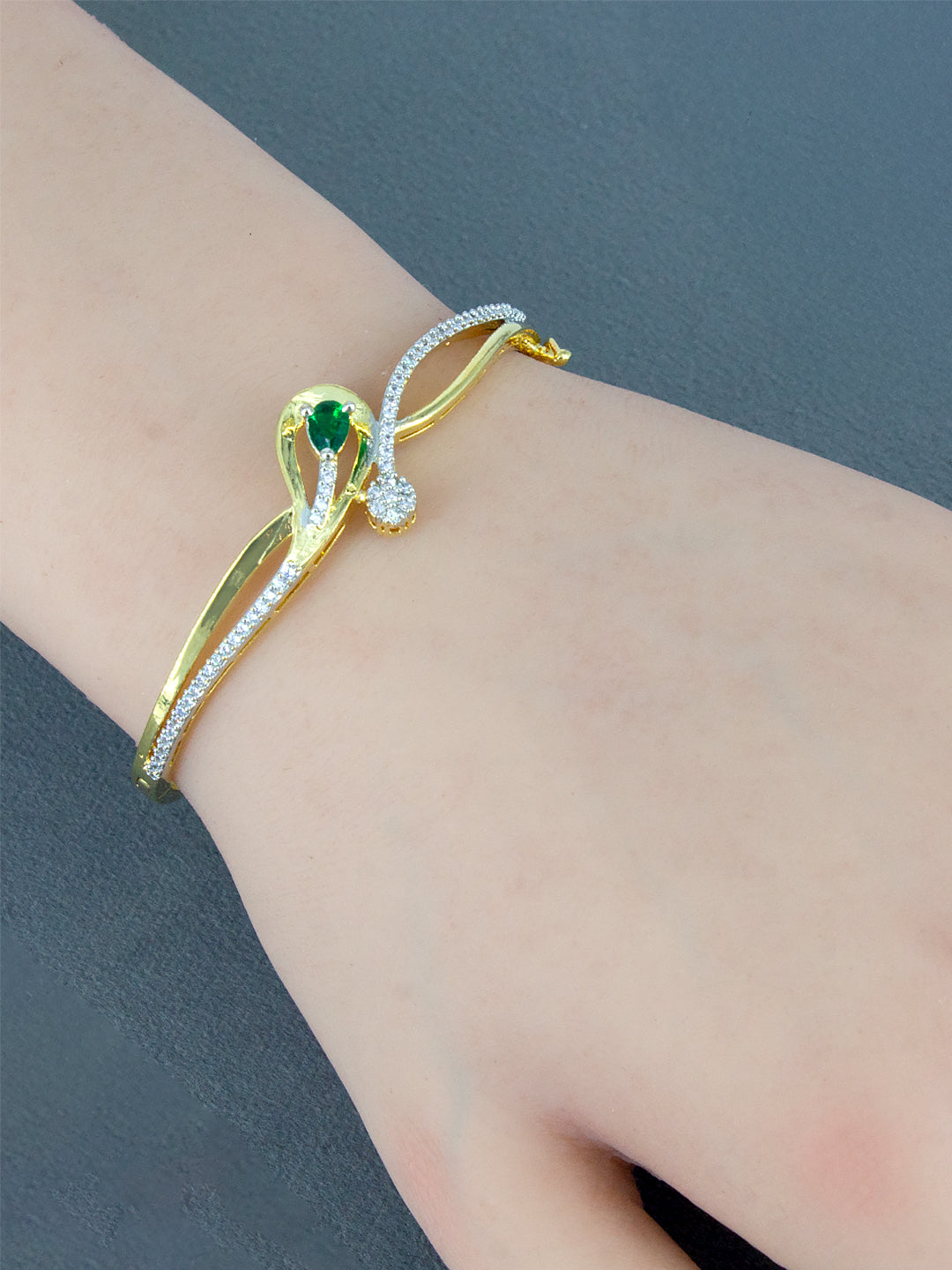 Gold Plated Green AD Minimal Cuff Bracelet For Women