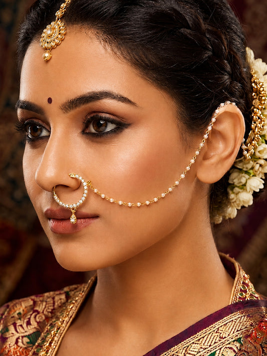 Gold Plated AD Nosering with Pearl Chain for Women