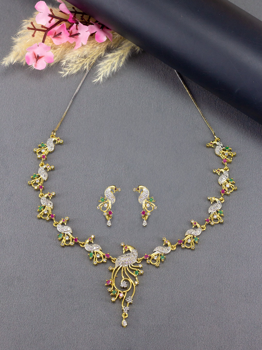 Peacock American Diamond Trendy Jewellery Set