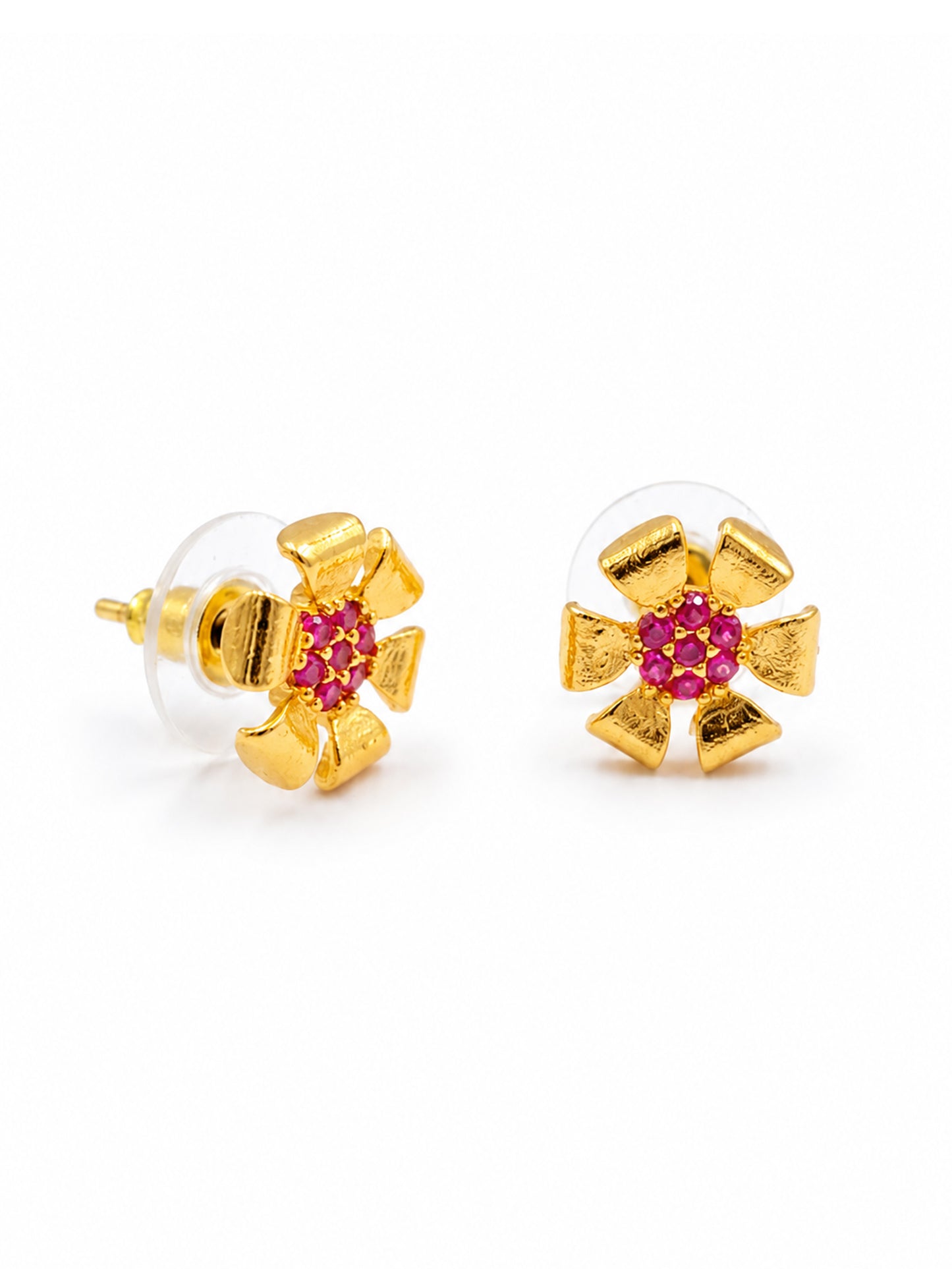 Gold Plated Pink AD Floral Stud Earrings for Women