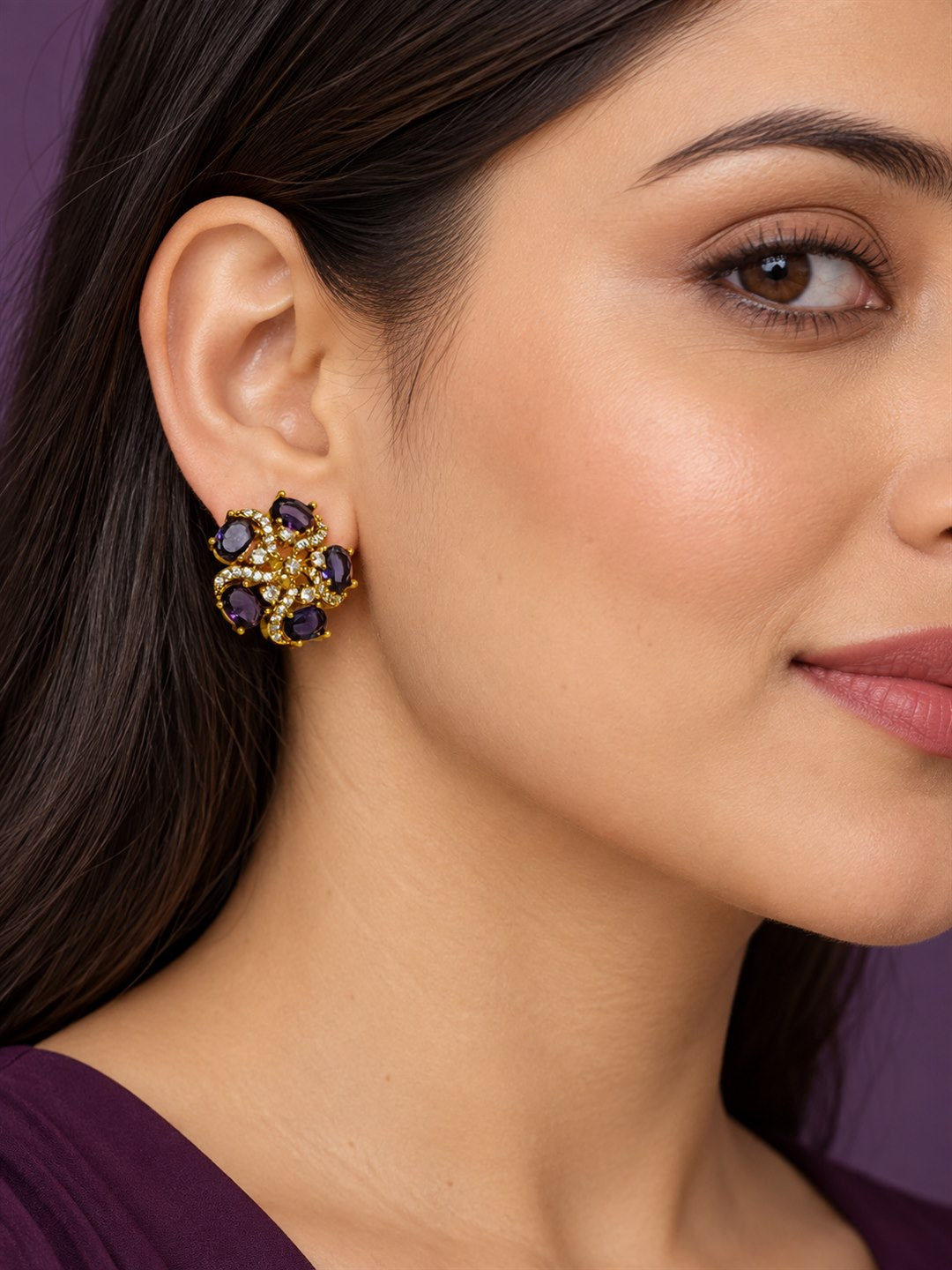 South Indian Gold Plated Purple AD Floral Stud Earrings for Women