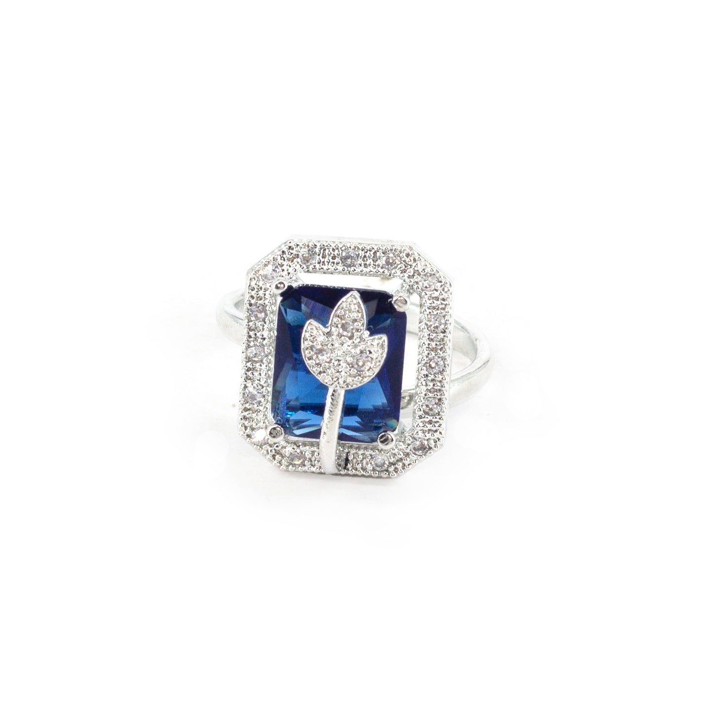 Rhodium Plated Blue AD Leaf Adjustable Ring for Women