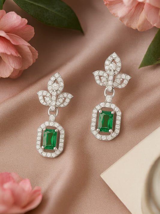Silver Plated Green Leaf Drop Earrings For Women