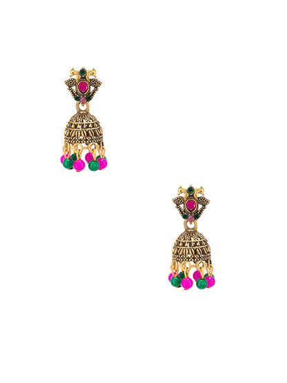 Antique Gold-Plated Peacock Artificial Stone & Beaded Jhumki Earrings
