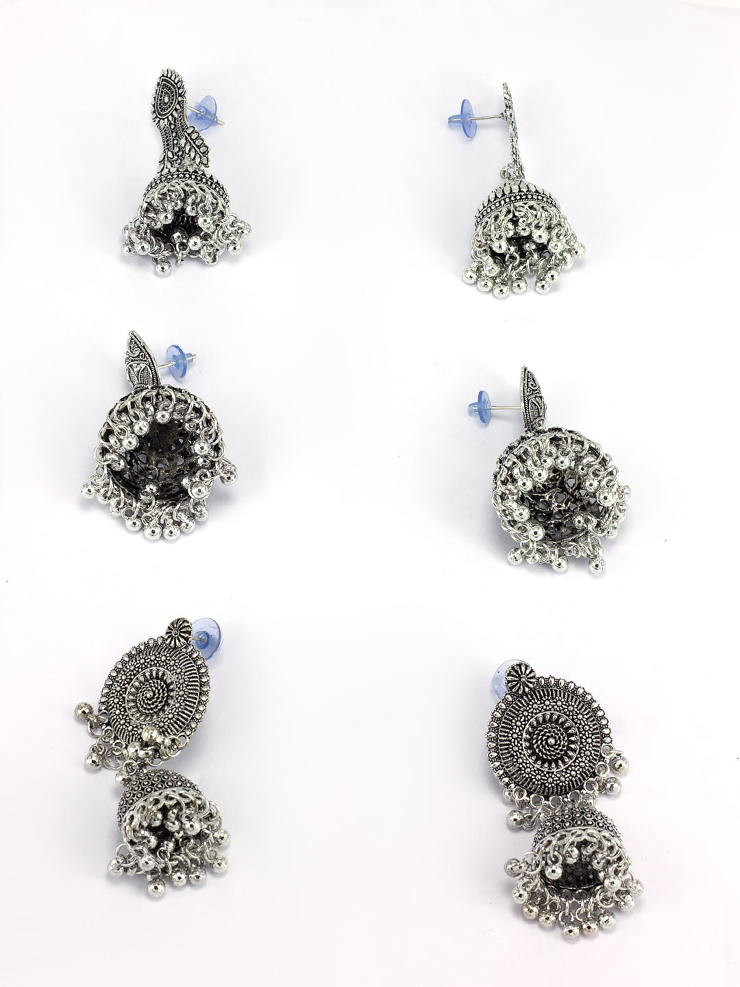 Silver-Oxidised Pack Of 3 Dome Shaped Oxidised Jhumkas