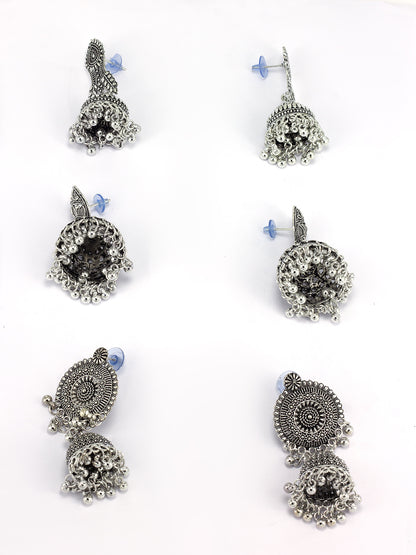 Silver-Oxidised Pack Of 3 Dome Shaped Oxidised Jhumkas