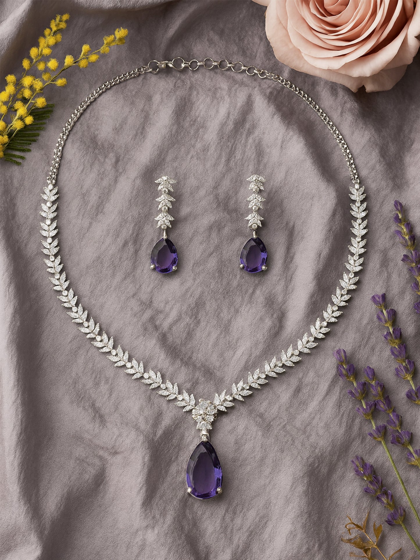 American Diamond Floral Design Purple Drop Jewellery Set For Women And Girls
