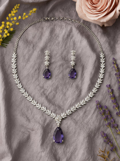 American Diamond Floral Design Purple Drop Jewellery Set For Women And Girls