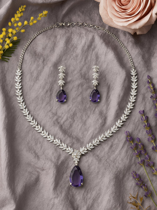 American Diamond Floral Design Purple Drop Jewellery Set For Women And Girls