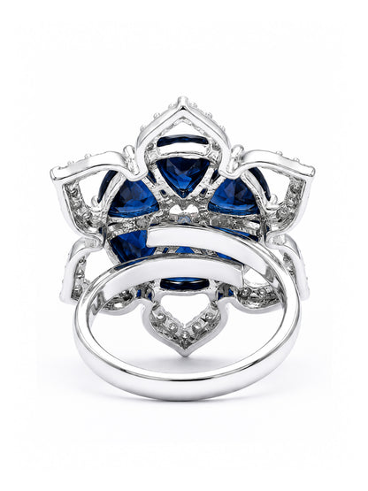 Rhodium Plated Blue AD Floral Finger Ring for Women