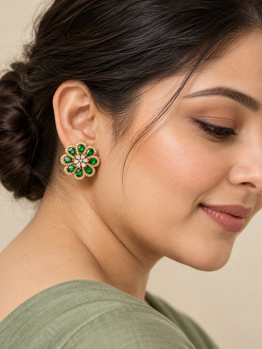 South Indian Gold Plated Green AD Floral Stud Earrings for Women