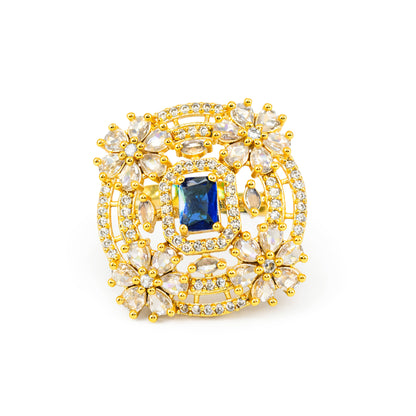 Gold Plated Blue AD Floral Adjustable Finger Ring for Women