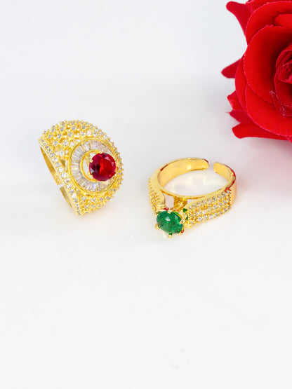 Pack of 2 Ring and Red Statement AD-Studded Adjustable Ring