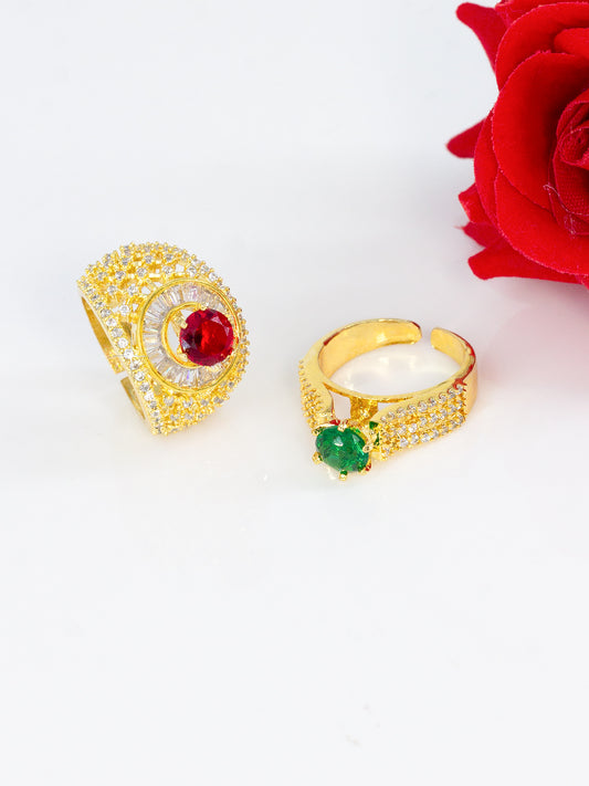 Pack of 2 Ring and Red Statement AD-Studded Adjustable Ring
