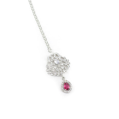 Rhodium Plated Red AD Maang Tikka for Women