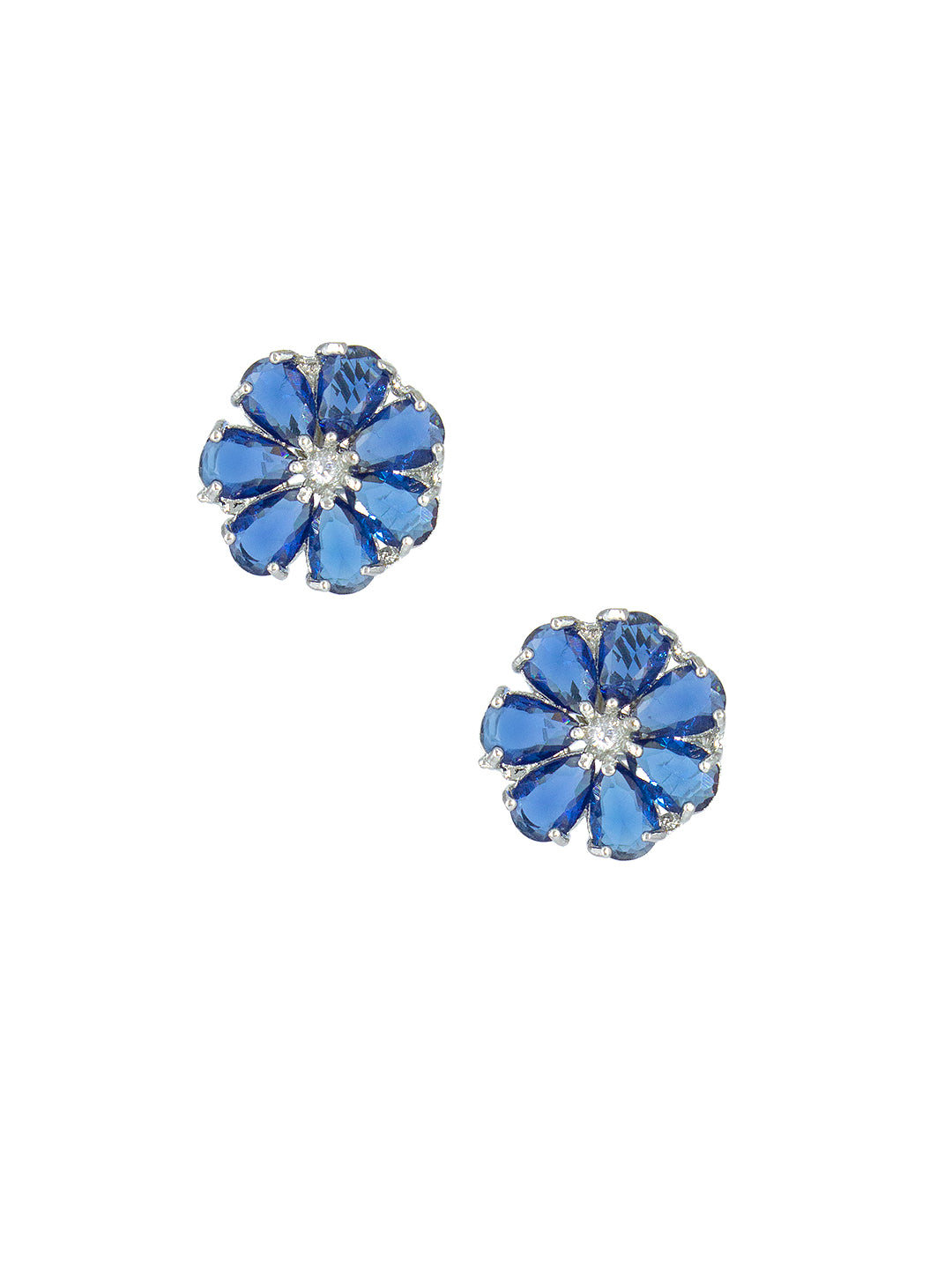 Silver Plated Blue Floral AD Stud Earrings For Women