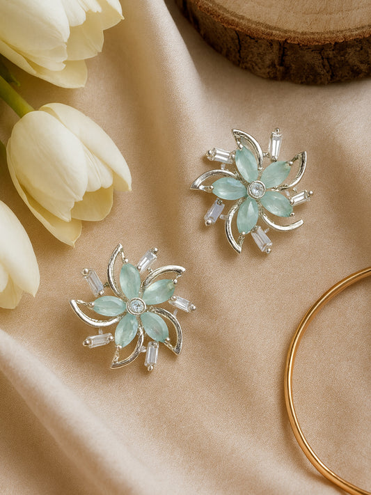 Silver Plated Mint Blue Floral AD Stud Earrings For Women