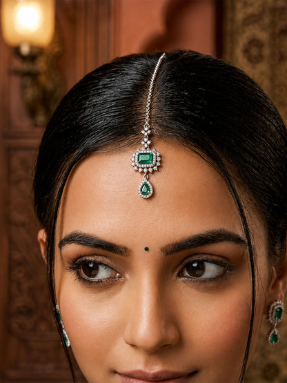 Silver Plated Green AD Maang Tikka for Women