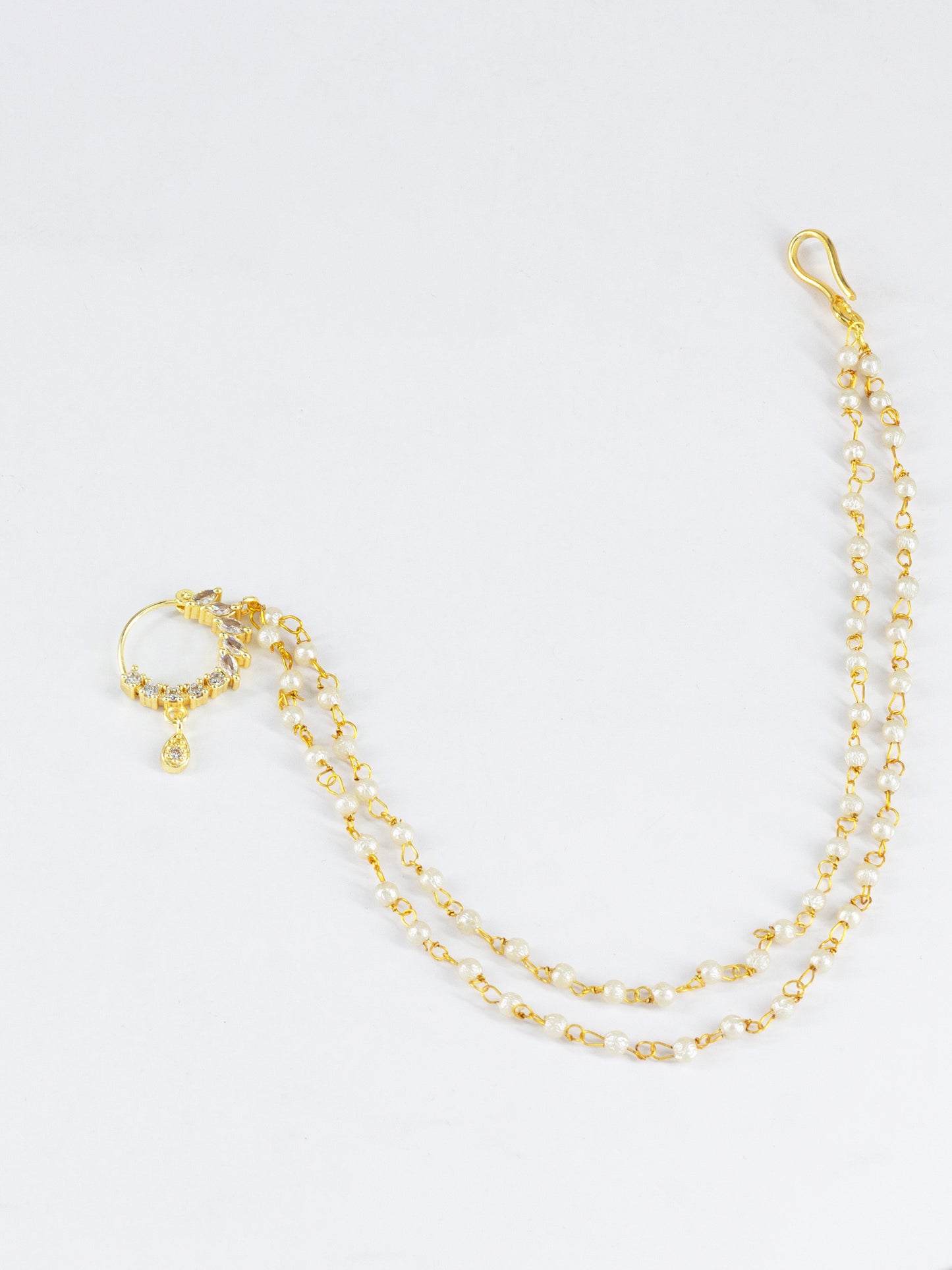 Gold Plated AD Nose Ring with 2 line Pearl Chain