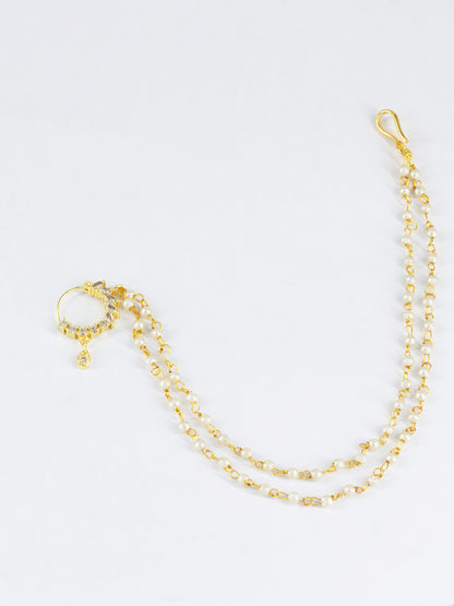 Gold Plated AD Nose Ring with 2 line Pearl Chain