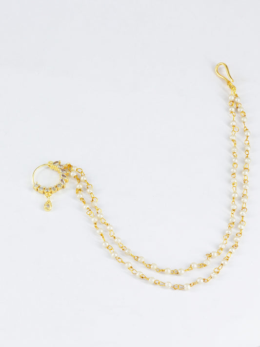 Gold Plated AD Nose Ring with 2 line Pearl Chain