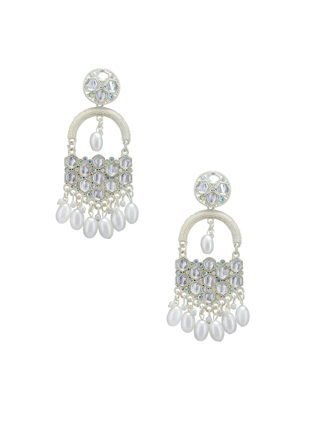 Silver Plated White Artificial Beads & Stones Studded Drop Earrings