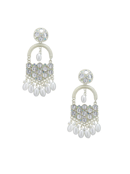 Silver Plated White Artificial Beads & Stones Studded Drop Earrings