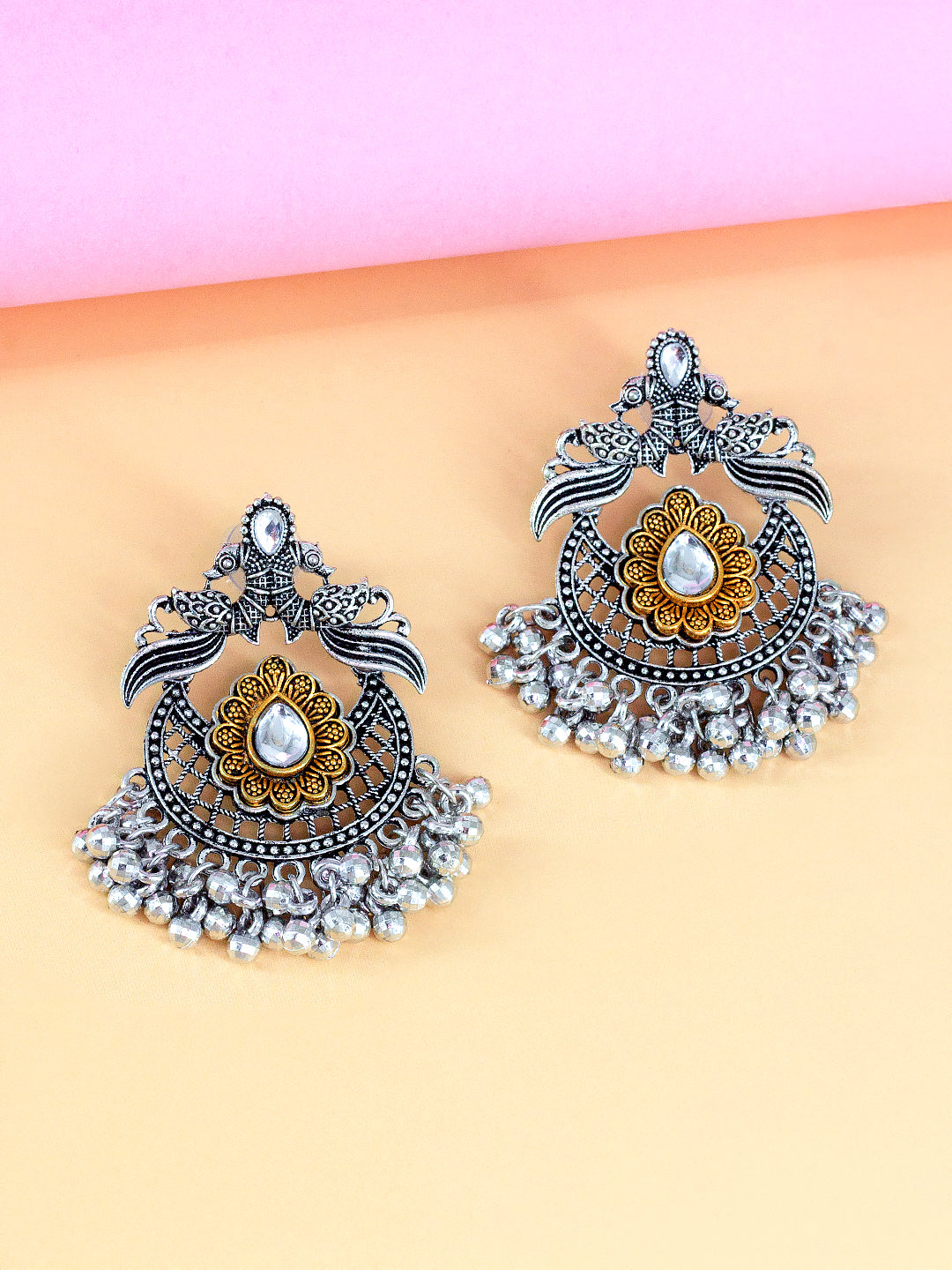 Dual-Tone  Peacock Design Chandbaali Earrings