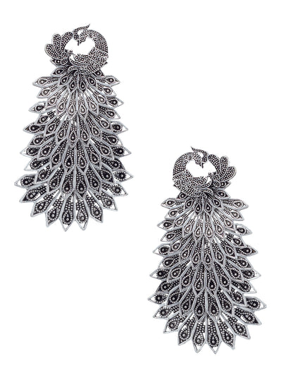Silver Oxidised Peacock Jhumka Earrings