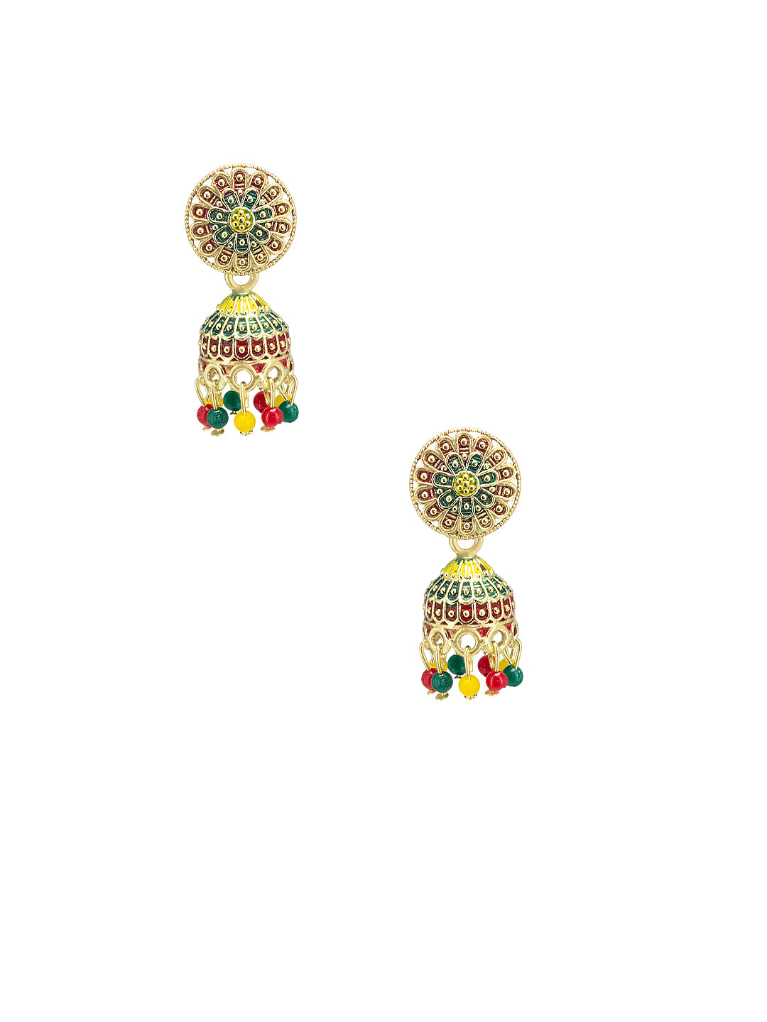 Gold Plated Floral Circular Multi Color Artificial Beaded Jhumki Earrings