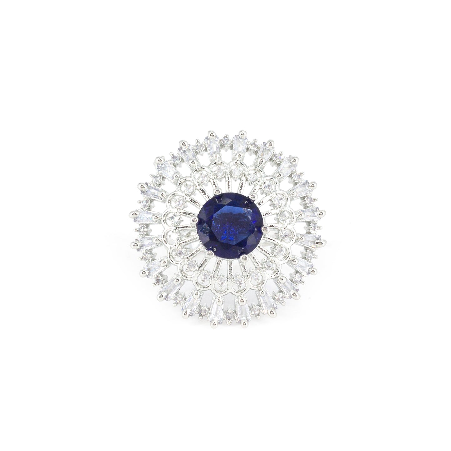 Rhodium Plated Blue AD Designer Adjustable Ring for Women