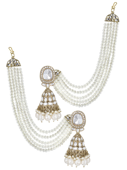 Gold-Plated Kundan-Studded Jhumka Earrings With Pearl-Beaded Hair Chain