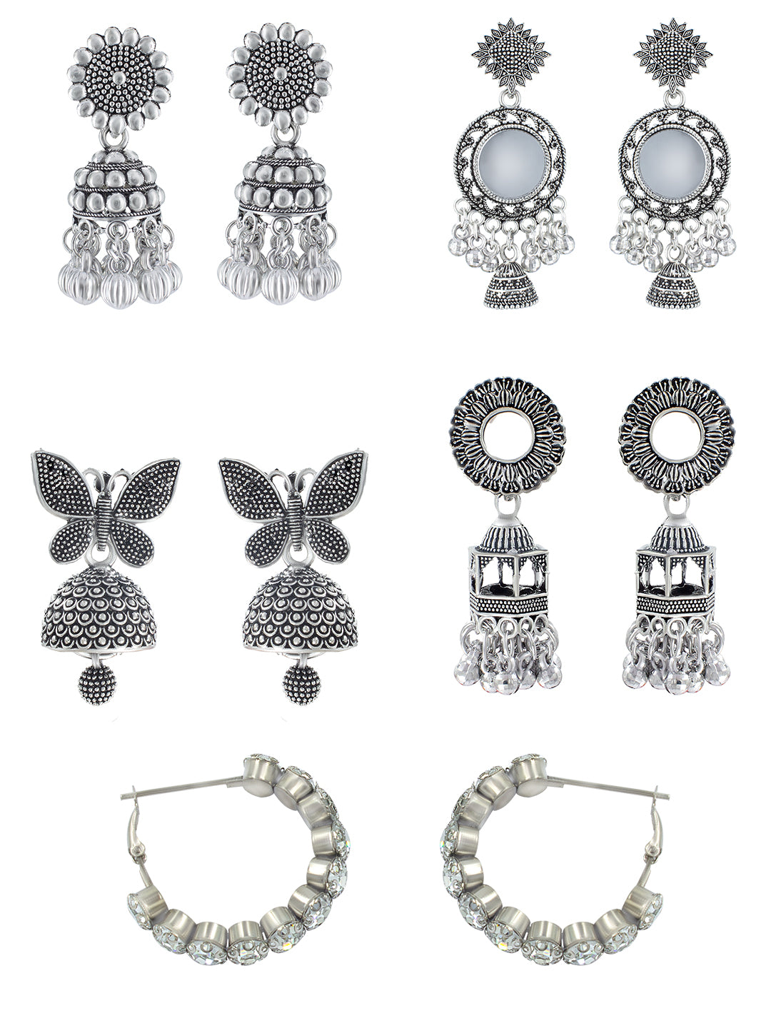 Pack of 5 Silver Oxidised Jhumki Earrings